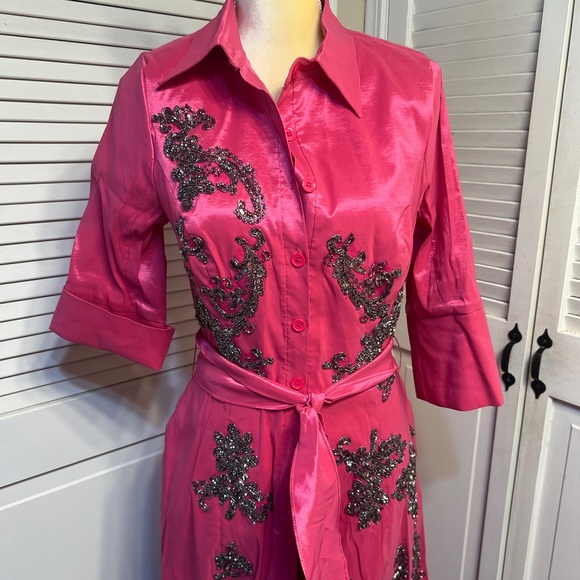 RENE RUIZ Collection Three-Quarter Sleeve Taffeta Shirt Gown With Beaded Detail - Picture 3 of 4